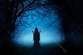 Dark shadow silhouette gothic woman. Fairytale witch dances magical ritual dance. Magician fantasy girl. fairy lady