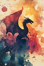 Vibrant Watercolor Dragon Silhouette with Abstract Colorful Background in Fantasy Art Style