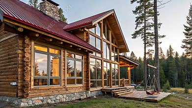 Rustic cabin showcasing cellulose fiber filling in wooden frames..