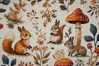 Forest animals enjoying a tranquil day among mushrooms and wildflowers in a vibrant natural setting
