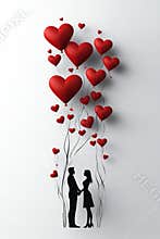 Couple celebrating Valentine's Day with heart balloons and champagne in a clip art design