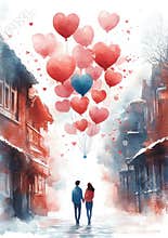 Winter lovers stroll through a snowy town surrounded by heart-shaped balloons