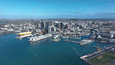 Wide Panoramic Flight Over Auckland and Auckland Bay, New Zealand. Skyline. New Skyscrapers.