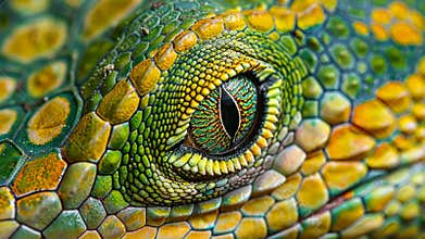 A striking close-up reveals the detailed patterns of a green and yellow lizard eye,