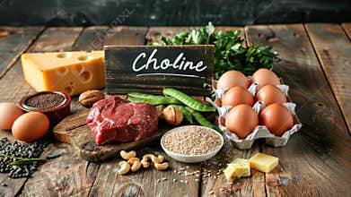 Choline is found in foods. Selective focus.