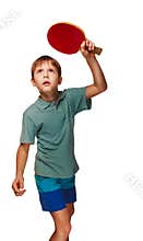 Blond boy playing table tennis forehand topspin