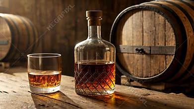 Discover the rich flavors of aged brandy in a rustic setting with oak barrels in the background