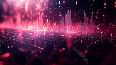 Glowing digital wave patterns rise and fall in shades of pink and purple, creating a dynamic visual display. The