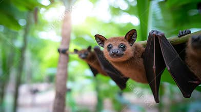 Bats hanging upside down on tree branch, displaying nocturnal roosting behavior and unique anatomical suspension