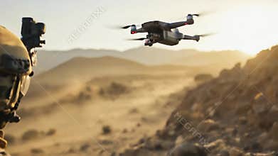 Soldier operates drone in rugged terrain during sunset in a military training exercise