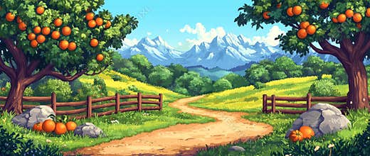 A vibrant backyard features a wooden fence, flowering green bushes, and fruit trees. A stone path winds through the