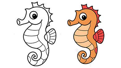 Cartoon style coloring page of a seahorse with a colored example, marine life learning book, white background