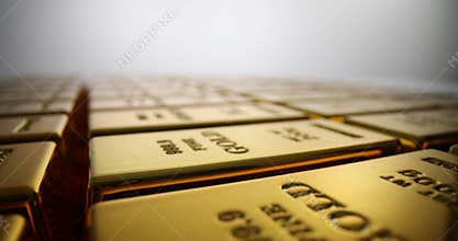 Gleaming golden bars arranged in precise rows in bank