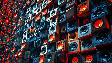 A bunch of speakers that are stacked up together