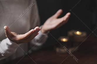 Person hands open palm up worship God helping repent catholic easter lent mind pray Christian religion. prayer woman worship God