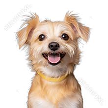 Small fluffy dog with tongue out, wearing a happy expression, isolated on a transparent background