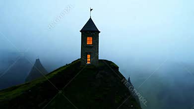 A mysterious stone tower on the foggy mossy cliff.