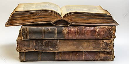 Antique stack of four vintage books with one open book on top showcasing worn pages and texture