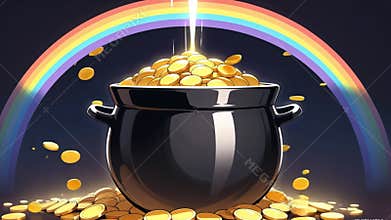 Pot of gold coins under a rainbow generated using AI