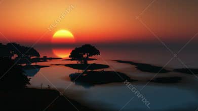 Rising sun and trees at ocean