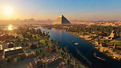A majestic sunrise illuminates the ancient pyramids and river landscape beauties