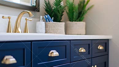 An elegant bathroom vanity in navy blue with gold hardware, showcased against a white background. This stylish piece