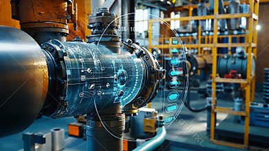 Futuristic industrial pipeline monitoring system analyzing data flow