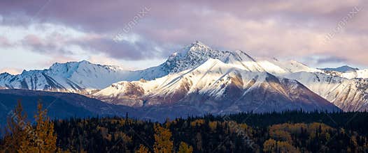 Panoramic view of snow covered mountains along Glen highway in Alaska