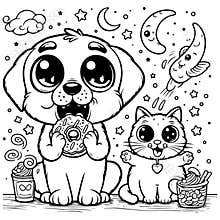 Cute Coloring Page: Dog and Cat Enjoying a Nighttime Treat