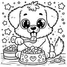 Adorable Coloring Book Puppy Eating from a Bowl