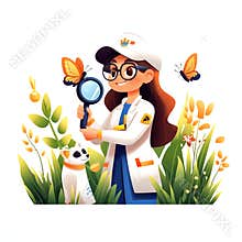 A cheerful young scientist exploring nature with a magnifying glass Surrounded by butterflies flowers and her curious cat