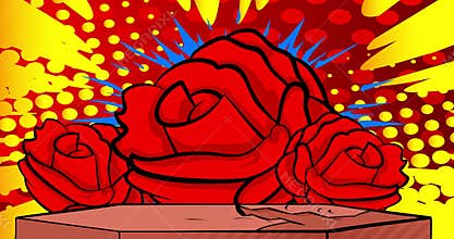 Comic Book Product podium stage animation for presentation with Red Rose. Retro comics background video.