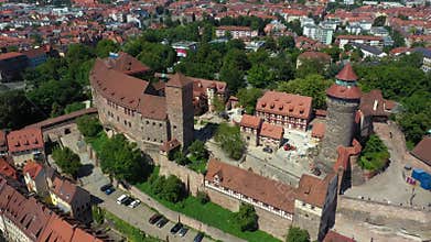 Nuremberg: Aerial view and Pedestal rise of Imperial Castle of Nuremberg and Sinwell Tower