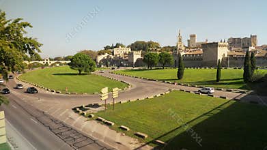 View of the Palais des Papes and the city wall in Avignon France