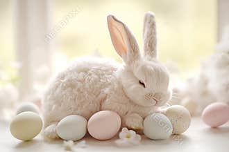 A tiny baby Easter Bunny nuzzling against a larger bunny, both surrounded by scattered Easter eggs