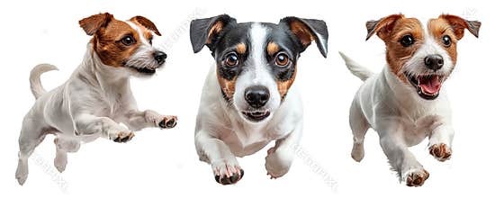 Energetic Jack Russell Terrier jumping isolated on a transparent background. Happy small dog mid-air with a playful