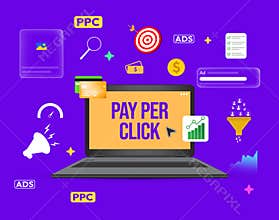 Pay Per Click Advertisement Concept Design showing on the laptop with floating shapes, Colorful ppc background. Revenue, leads and