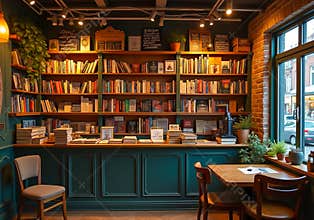 Cozy Classic Bookstore Interior with Wooden Shelves Full of Books and Warm Lighting, Vintage and Aesthetic Atmosphere