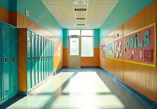 Bright and Colorful School Corridor with Lockers and Educational Posters