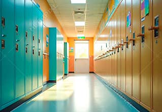 Bright and Colorful School Corridor with Lockers and Educational Posters