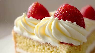 Close Up Shot of Delicious Strawberry Shortcake with Creamy Frosting