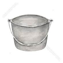 Metal pot for cooking. A bucket for water. Camping clipart. Exploration equipment. Hand-drawn watercolor illustration