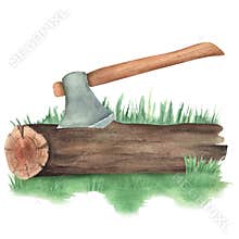 A log with an axe in it on the green grass. Camping scene. Firewood cutting. Tourist equipment. Travelling clipart. Hand
