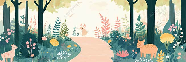 Charming forest path illustration featuring gentle animals strolling together among vibrant flowers and lush greenery