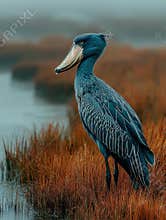 Shoebill Standing Tall in Tall Grass Beside Water on an Overcast Misty Day