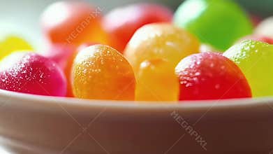 Close Up Colorful Translucent Jelly Candies in White Bowl