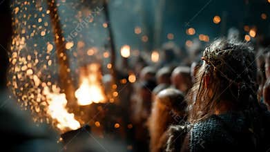 Viking Woman Stands Before Roaring Fire
