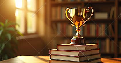 Golden Trophy on a Stack of Books: Symbol of Achievement and Knowledge
