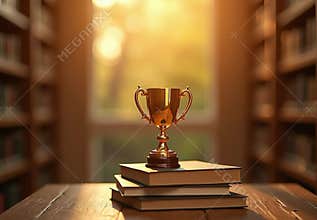 Golden Trophy on a Stack of Books: Symbol of Achievement and Knowledge