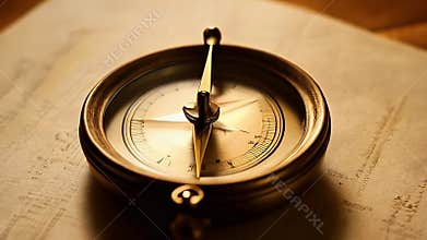Antique Brass Compass on Aged Paper with Warm Lighting